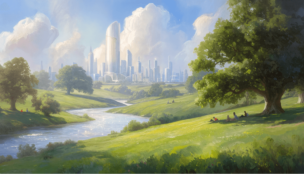 Illustration einer Landschaft mit einer Stadt am Horizont